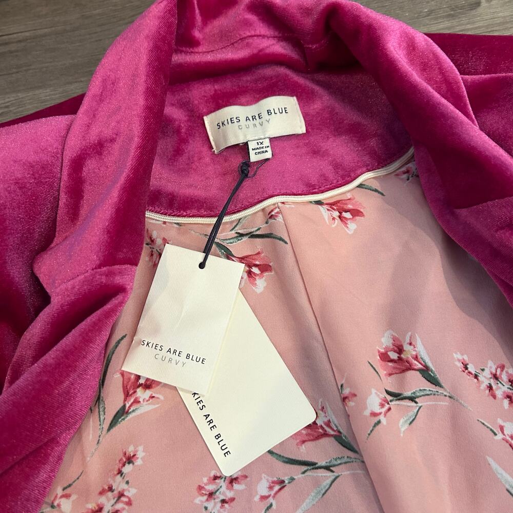 Skies Are Blue Curvy, Ruched 3/4 Sleeves Hot Pink Velvet Blazer size 1X - Picture 7 of 7